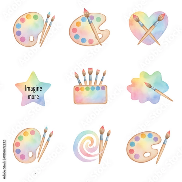 Fototapeta Whimsical watercolor illustrations of art tools and creative symbols, showcasing colorful paint palettes and brushes for artistic inspiration and imaginative expression