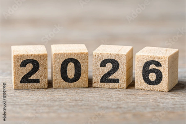 Fototapeta Wooden block year countdown 2026 on rustic wood surface, closeup still life with neutral background and hopeful celebratory mood