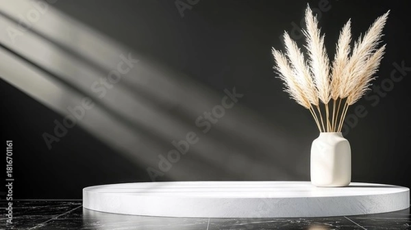 Obraz A minimalist scene featuring a white pedestal on a dark marble floor, with a cream-colored vase holding dried pampas grass. Dramatic diagonal light streaks acro