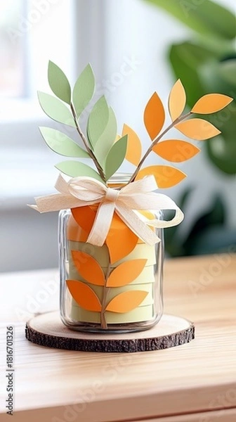 Obraz A clear glass jar filled with stacked pastel green and orange paper cutouts shaped like leaves, adorned with a cream ribbon tied around its neck. The jar sits o