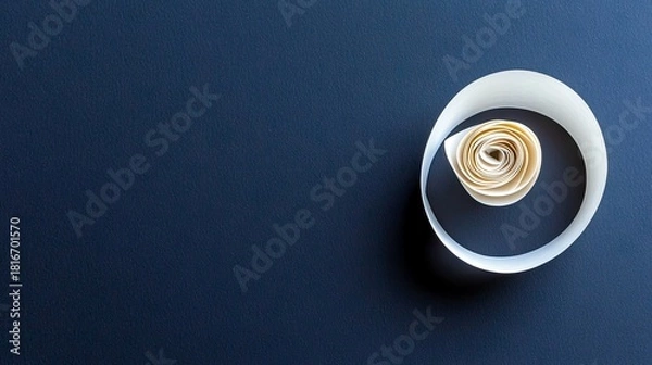 Obraz A tightly rolled paper scroll, resembling a spiral or rose, is positioned on a dark blue, textured surface. The lighting creates a subtle shadow, emphasizing th