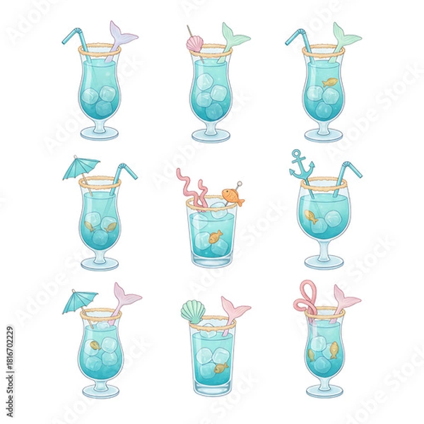 Fototapeta A delightful collection of refreshing blue cocktails adorned with whimsical mermaid tails and ocean-inspired decorations, perfect for enchanting summer parties and tropical beach escapes