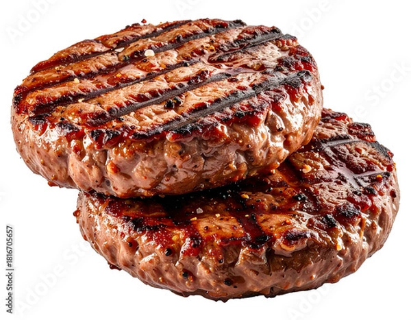 Obraz Juicy Grilled Beef Burger Patties with Grill Marks Isolated on Transparent Background