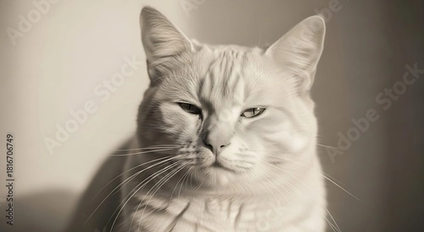 Fototapeta "Adorable domestic cat in warm natural lighting, sharp detail, expressive eyes, soft fur texture, cozy indoor atmosphere, professional pet photography, high-resolution portrait