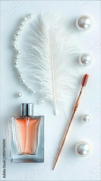 Obraz A flat lay composition featuring a clear glass perfume bottle with orange liquid, a delicate white feather, a strand of pearls, and several large pearl-like sph