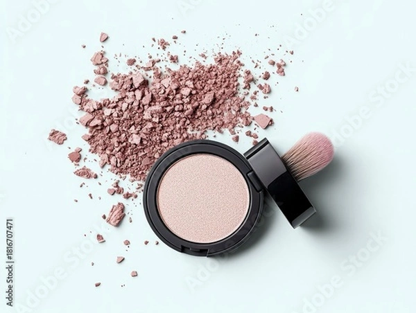 Obraz A round, black compact of shimmery pink powder lies open next to a pink makeup brush. A pile of crushed pink powder is scattered to the left of the compact on a