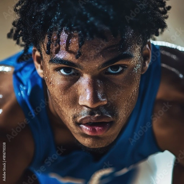 Fototapeta A forward-facing close-up of a running basketball player, eyes locked ahead and sweat streaking down his skin.