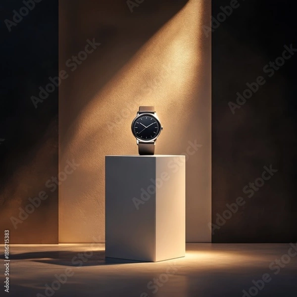 Fototapeta A refined white pedestal displaying a watch under cinematic-style lighting with controlled highlights and moody shadows.