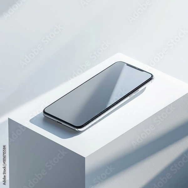 Obraz A sleek borderless smartphone presented on a refined white riser, illuminated by precise studio lighting.