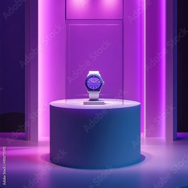 Fototapeta A sleek white watch pedestal placed in an ultra-clean studio with strong premium lighting in purple hues.
