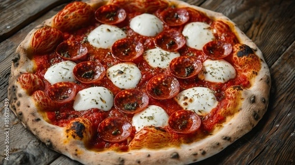 Fototapeta Pepperoni pizza with mozzarella on rustic wooden surface for breakfast menu ads, cafe promotions, food blogs, delivery banners, and recipe content