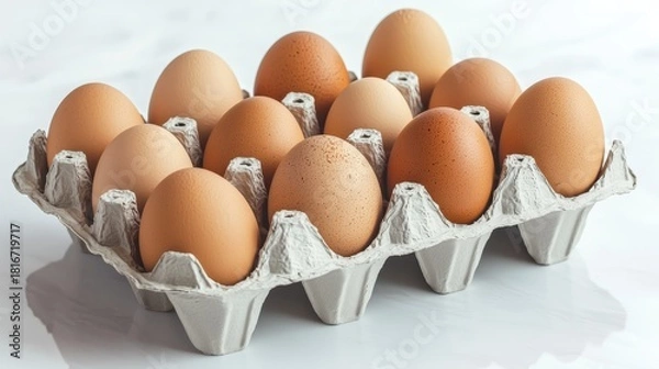 Fototapeta Egg carton with twelve chicken eggs on white background for grocery ads, packaging design, farm-fresh marketing, and cooking content