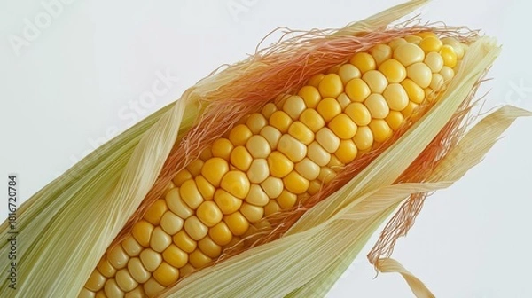 Fototapeta Partially husked corn cob with yellow kernels on white background for food photography, recipe content, and agricultural publications