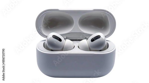 Obraz Wireless earbuds in charging case isolated on transparent background, front view