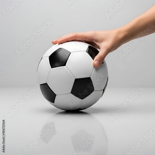 Fototapeta A person's hand gently rests on a soccer ball against a light grey background with a subtle reflection. The ball is black and white