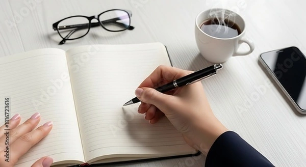 Fototapeta A person's hand writes in an open notebook, with a pen, eyeglasses, a coffee cup, and a smartphone on a white surface