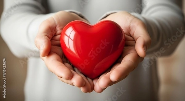 Fototapeta A person's hands gently cradle a shiny, red heart-shaped object, offering it to the viewer with a soft, focused presentation