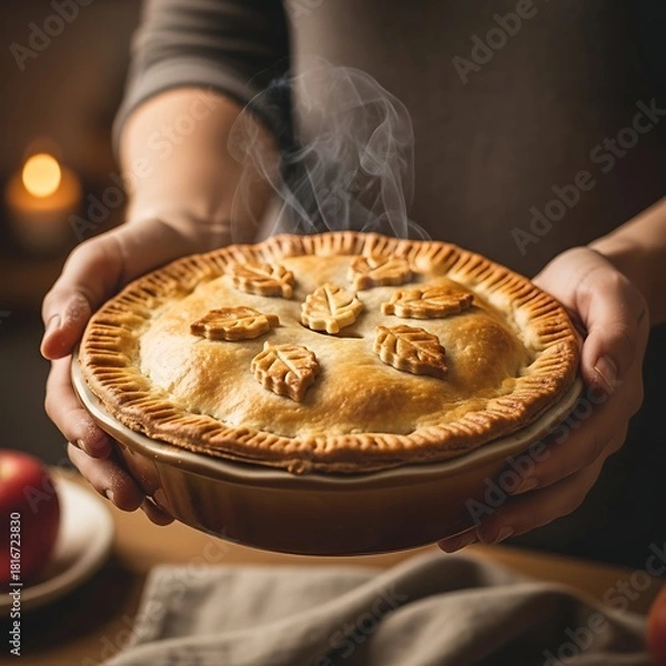 Fototapeta A person's hands tenderly hold a golden-brown, steaming pie with leaf-shaped crust decorations, next to a blurry apple