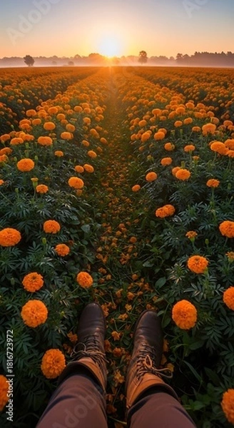 Fototapeta A person's perspective as they stand amidst rows of vibrant orange flowers leading to a warm, sunlit horizon