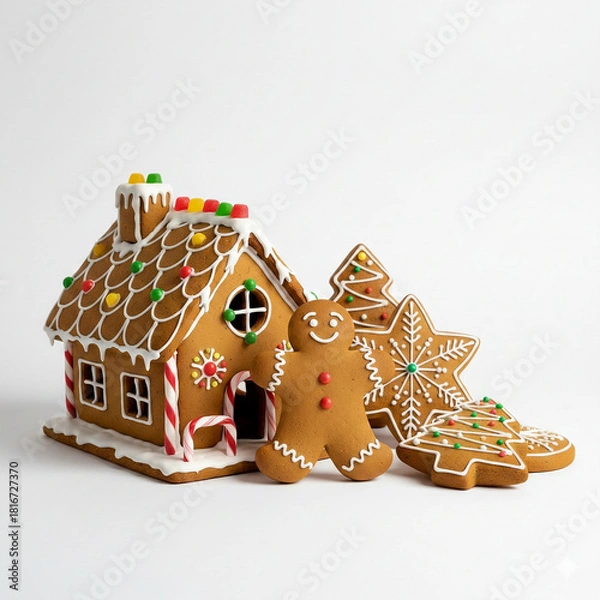 Fototapeta A detailed gingerbread house with icing decorations, colorful candies, and cookie shapes arranged around it in a festive display.