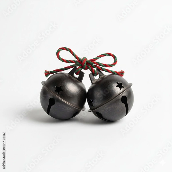 Fototapeta A pair of metallic bells tied with a red-green string, creating a simple festive accent on a clean white background.