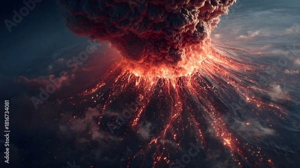 Fototapeta Erupting Volcano with Lava Flow and Ash Cloud at Sunset