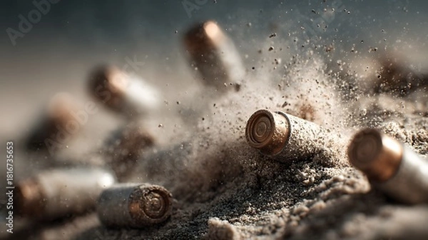 Fototapeta Bullets Dispersed in Sand with Dust and Motion Effects