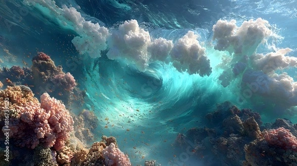 Fototapeta Vibrant Ocean Wave Crashing Over Colorful Coral Reef Landscape