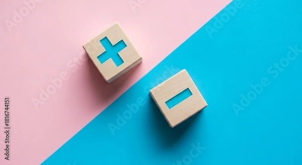 Fototapeta Plus and minus signs on wooden blocks symbolize opposites, choices, and decisionmaking process concept
