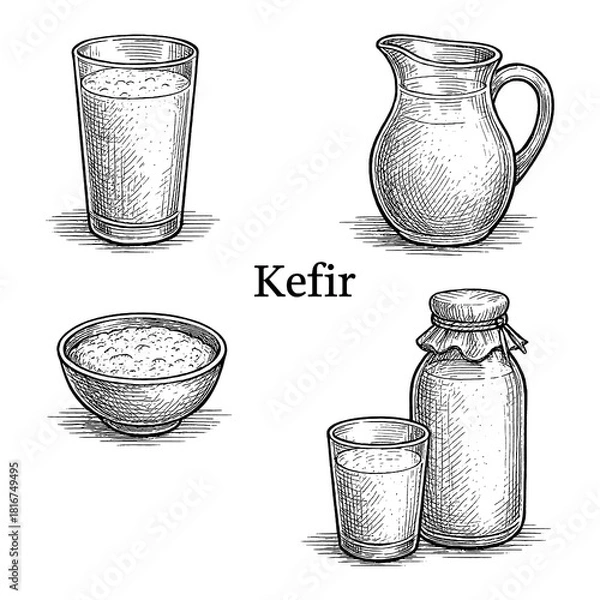 Obraz Vintage Kefir Sketch Set with Bottle, Glass, Bowl, and Kefir Grains Transparent Background