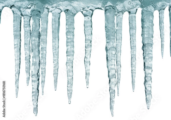 Fototapeta macro shot of long, translucent, light-green icicles dripping water, showing crystalline detail, high-key studio still life against a transparent background with copy space, concept of pristine,