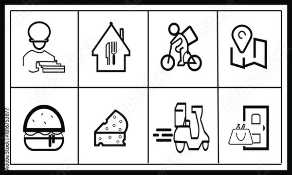 Fototapeta a collection of eight bold black and white outline icons representing food delivery and related services. Includes symbols for a customer ordering, dining at home, cyclist delivery, map location.