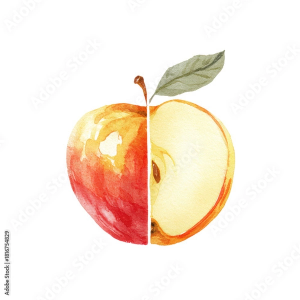 Fototapeta Watercolor painting of a red apple, halved to reveal inner core