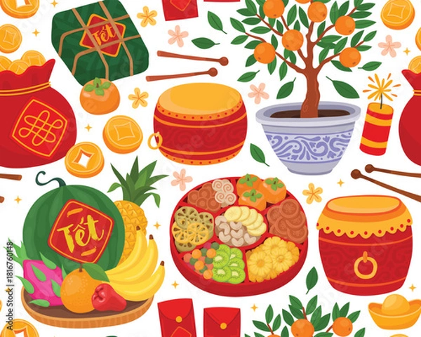 Obraz Seamless pattern with elements for Vietnamese Lunar New Year (Tet). Bright holiday elements, fruits for offerings, candy box, tangerine tree, sweets, drum, lucky money bag. 