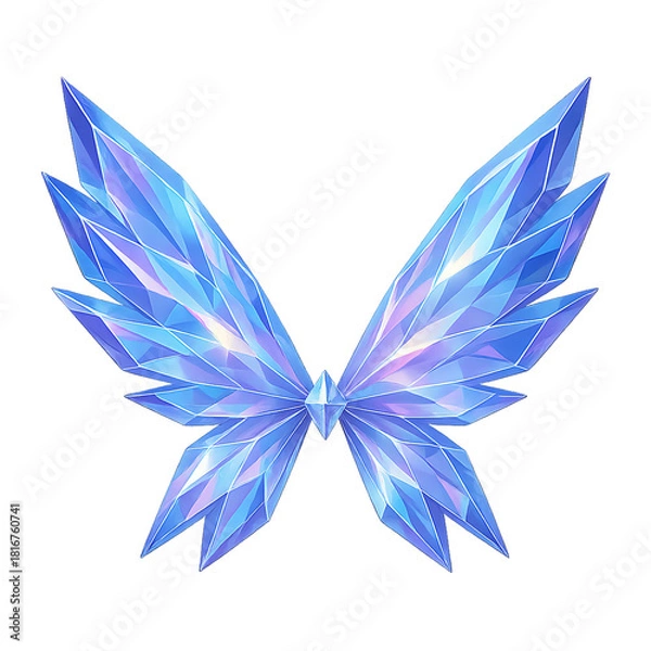 Fototapeta Shining blue crystal butterfly wings with radiant gemstone center isolated on transparent background for winter fairy themes, fantasy branding, Elegant icy crystal wings with blue gemstone center, PNG