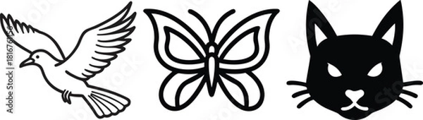 Obraz Animal Icons Collection: Dove, Butterfly, and Black Cat Head Symbols. Vector Line Art and Silhouette Drawings for Nature, Pets, Tattoos, and Creative Design.