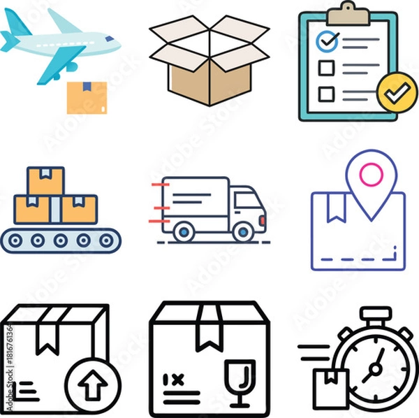 Obraz Shipping and Logistics Icon Set: Delivery, Tracking, Export, Air Cargo, Warehouse, and Supply Chain Management Vector Symbols for E-commerce and Freight.