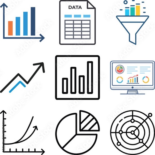 Obraz Business Data and Analytics Icon Set: KPI Dashboard, Funnel Chart, Spreadsheets, Pie Graph, Bar Graphs, and Growth Trends for Finance and Reporting Symbols.