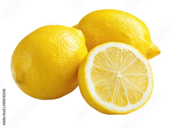 Fototapeta Vibrant yellow citrus fruit with one cut in half, revealing pulp