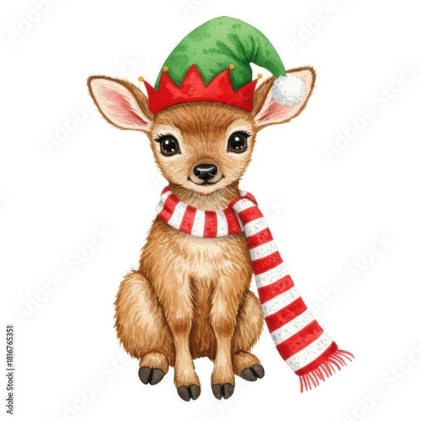 Fototapeta a fluffy baby reindeer fawn in a green elf hat and striped scarf, rendered in a detailed watercolor illustration style, isolated on a stark white background. concept for christmas greeting card