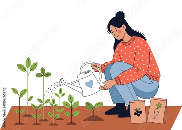 Obraz Young woman character watering small seedlings in a home garden, symbolizing horticulture, organic farming, nature connection, hobby gardening, and plant care vector illustration.