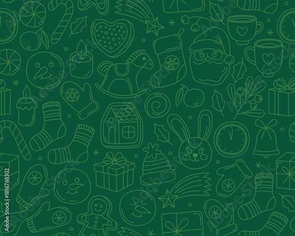 Obraz Christmas seamless pattern, doodle outline illustrations on dark green background. Santa, gifts, gingerbread, mittens, toys, candles, festive Christmas and New Year icons.