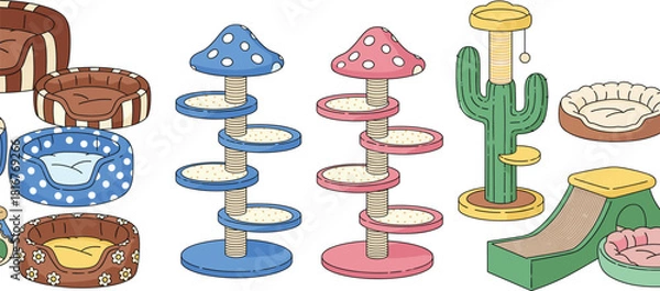 Obraz Set of colorful cat furniture and pet accessories, including mushroom and cactus themed scratching posts, multi-level towers, and cozy beds for playing and resting.