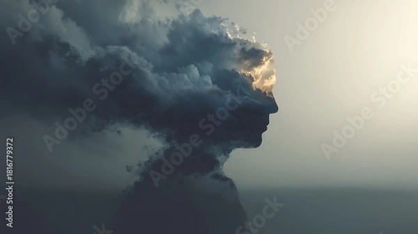 Fototapeta abstract silhouette of human head dissolving under heavy clouds, soft gradient lighting, surreal metaphor for depression, minimal modern style, v7 