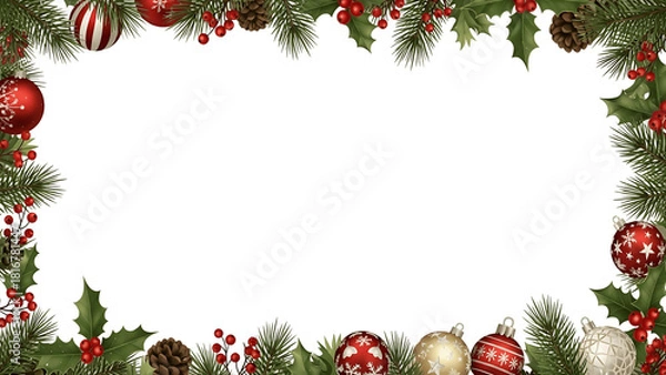 Fototapeta Festive Christmas Border with Pine Branches Berries Ornaments