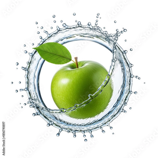 Fototapeta Fresh green apple with water splash isolated on transparent background