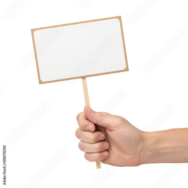 Fototapeta Hand holding blank sign isolated on transparent background for advertisement mockup