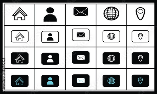 Fototapeta A versatile collection of twenty square icons for UI UX design, showcasing five key symbols (home, user person, mail/envelope, globe, and map pin) presented in four distinct styles simple outline, etc