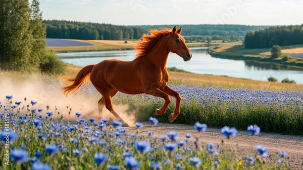 Fototapeta A beautiful Arabian horse running fast along the road, with dust rising from under its hooves. In the background — a picturesque natural landscape with fields and a river.
