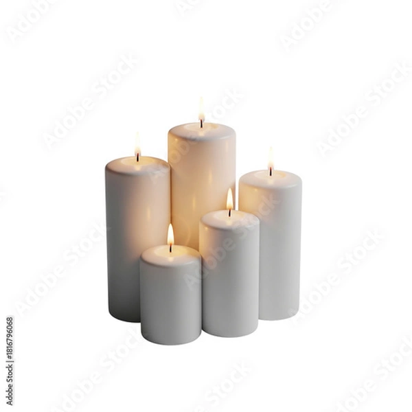 Fototapeta Group of five white pillar candles burning isolated on transparent background